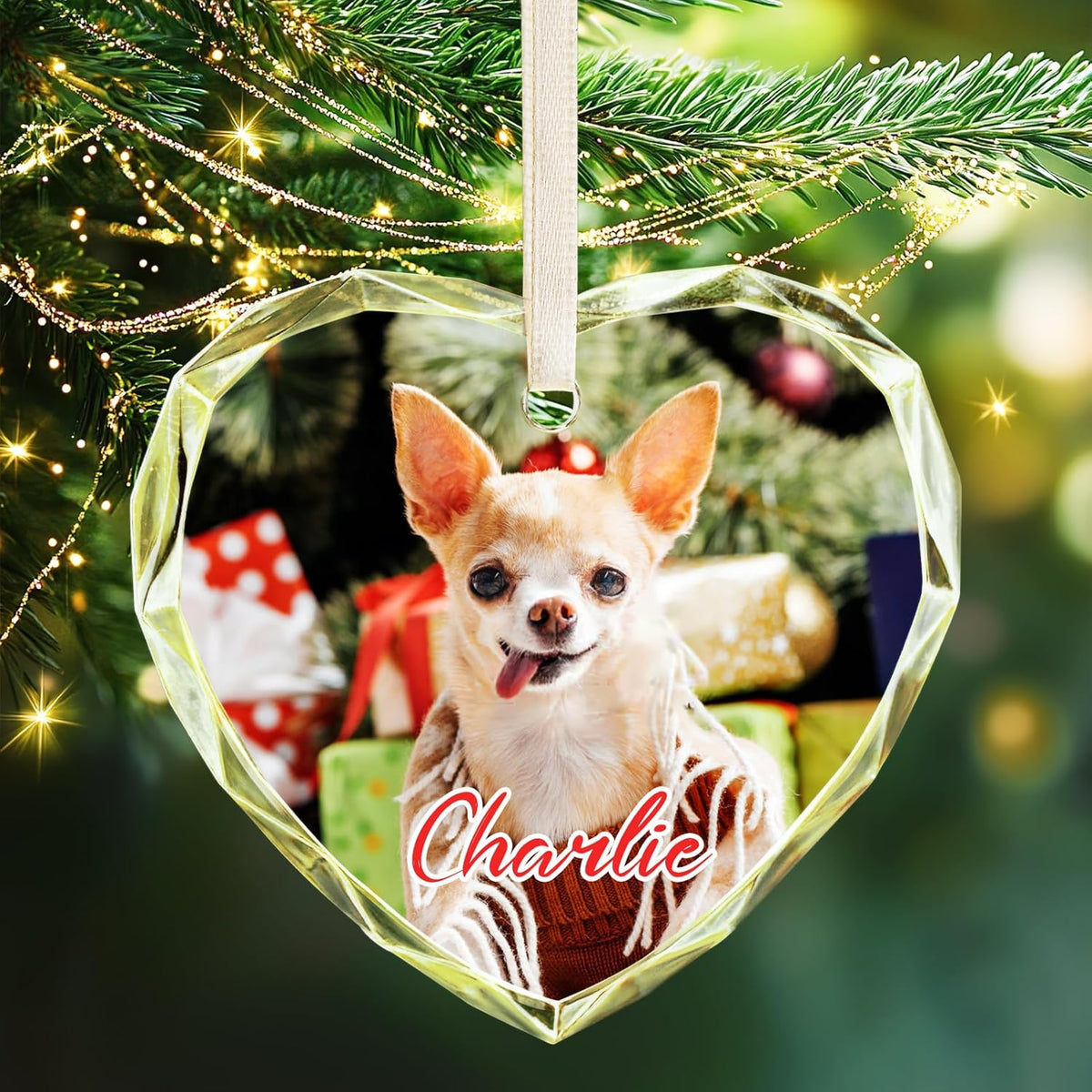 Custom pet dog photo heart shaped crystal Christmas tree ornament
