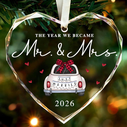 Vintage truck design heart Mr & Mrs wedding crystal ornament