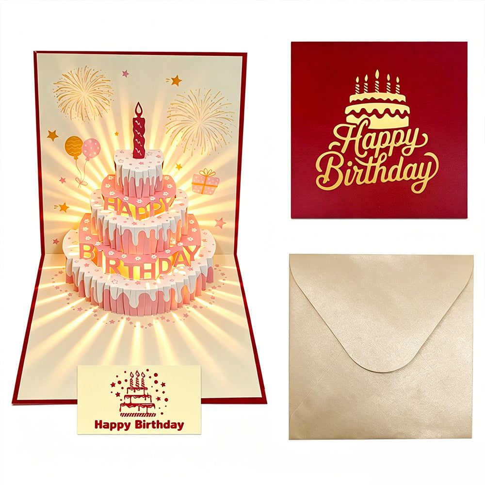 Pink Cream Cake Pop Up Birthday Card Gold Cover