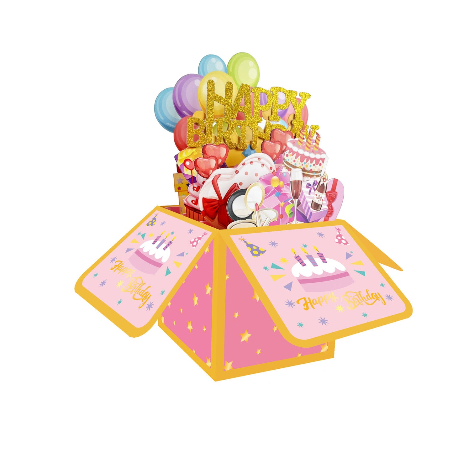 Pink Cake Balloon Pop Up Birthday Box Card