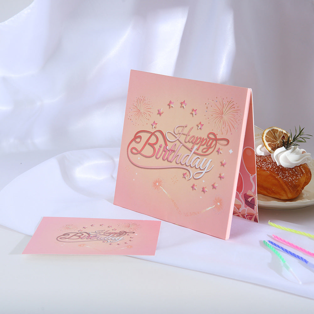 Pink fireworks 3D birthday cake pop up greeting card with auto lights unfolded