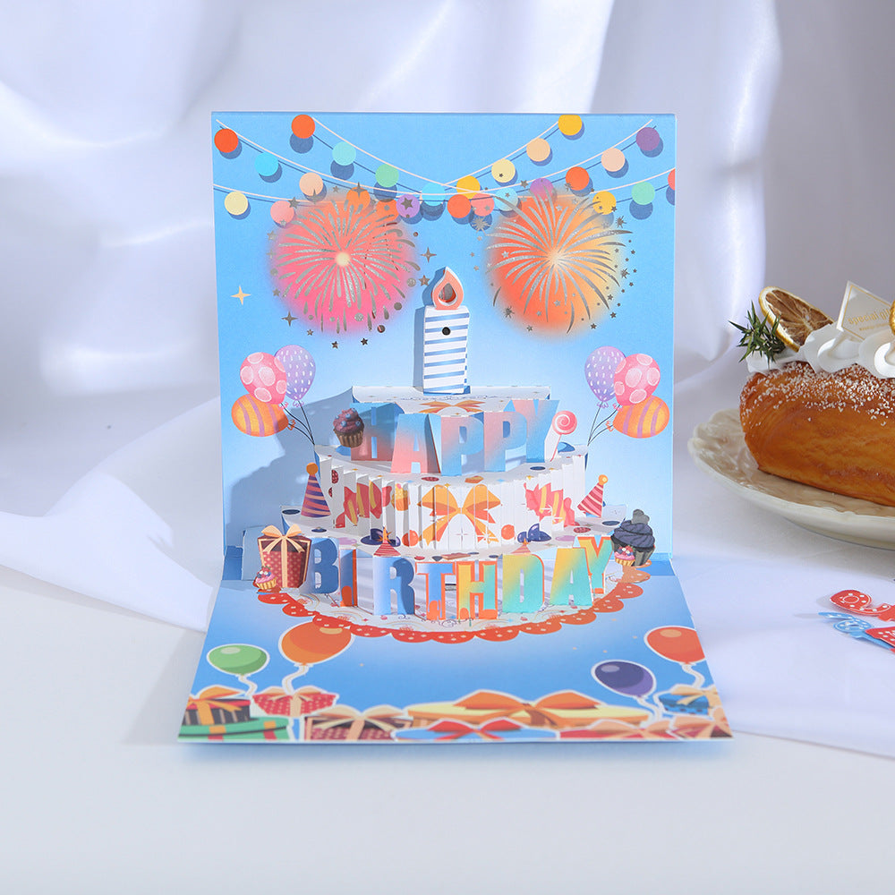 Pink birthday pop up card front cover paired with yellow envelope