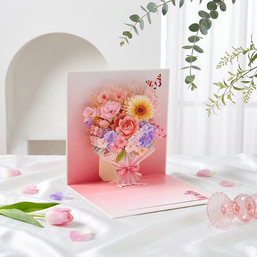 Pink flower bouquet pop up greeting card indoor lifestyle display