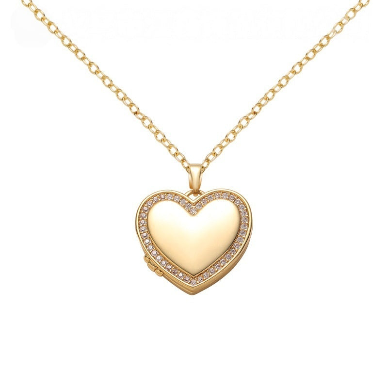 Dainty Solid Gold Tone Brass Heart Photo Locket Necklace Continuous Cubic Zirconia Trim Minimalist Daily Wear Sentimental Pendant