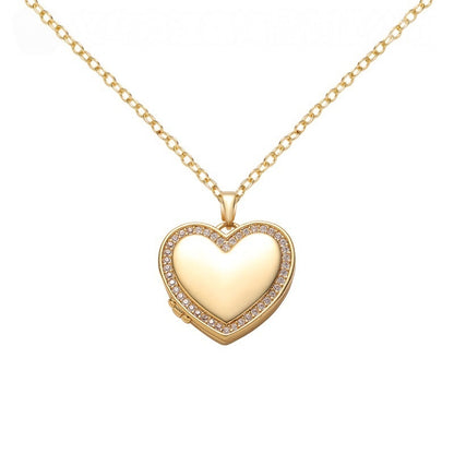 Dainty Solid Gold Tone Brass Heart Photo Locket Necklace Continuous Cubic Zirconia Trim Minimalist Daily Wear Sentimental Pendant