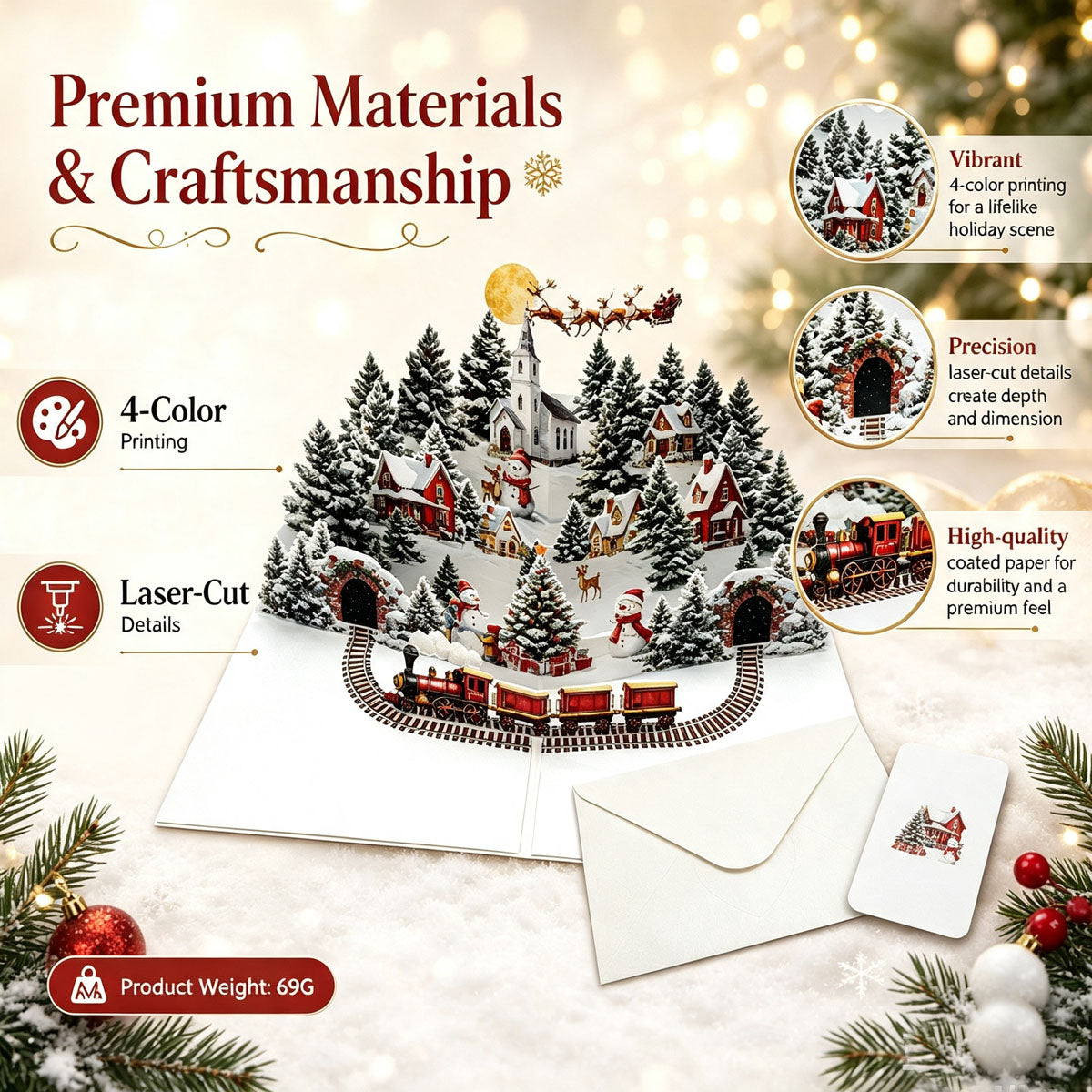 Premium laser cut Christmas 3D pop up card, high quality coated paper holiday greeting