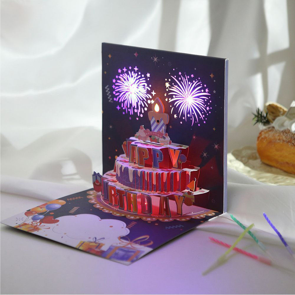 Purple fireworks 3D birthday cake pop up greeting card with LED lights open view