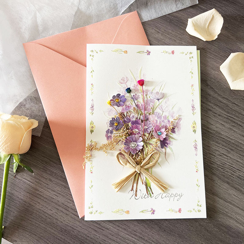 Purple dried flower card paired with pink envelope
