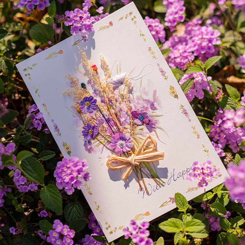 Purple wildflower dried flower handmade greeting card