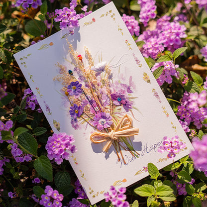 Purple wildflower dried flower handmade greeting card