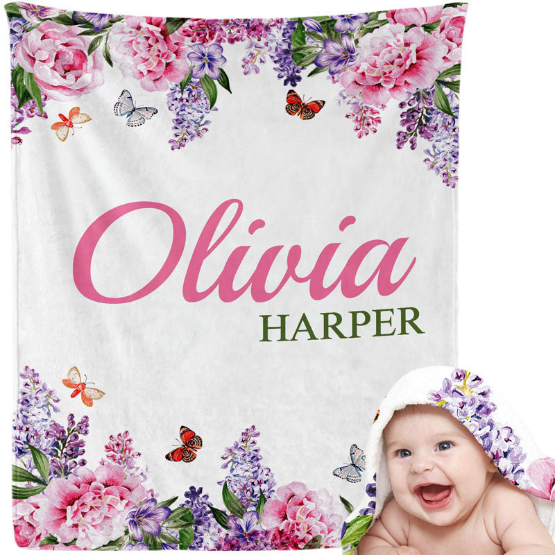 Purple wildflower personalized baby blanket printed Olivia Harper ultra soft fleece newborn swaddle blanket for baby girls