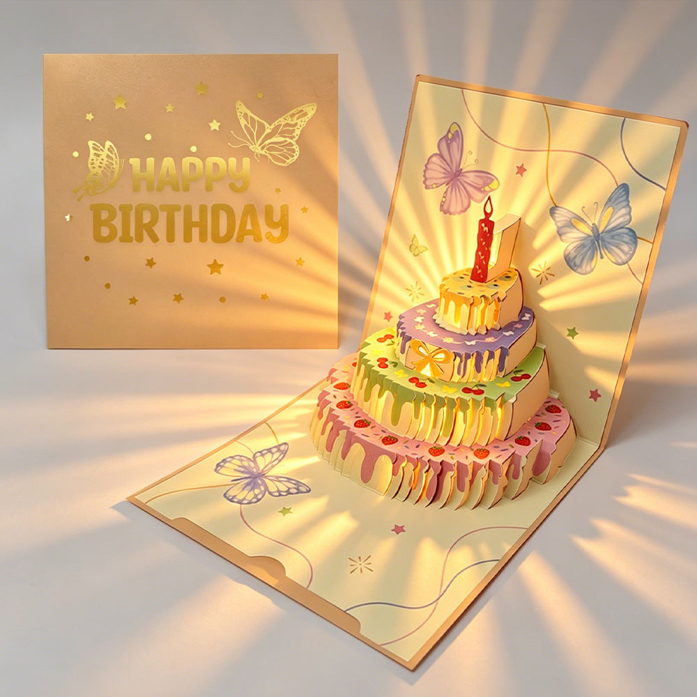 Rainbow Cake Pop Up Birthday Card Gold Cover