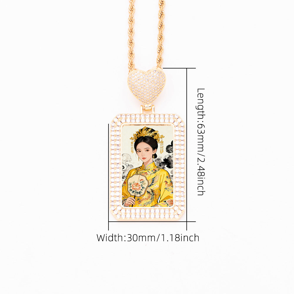 Size guide chart for zirconia rectangular custom photo dog tag pendant, dimension reference for heart bail portrait necklace