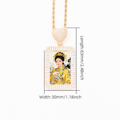 Size guide chart for zirconia rectangular custom photo dog tag pendant, dimension reference for heart bail portrait necklace