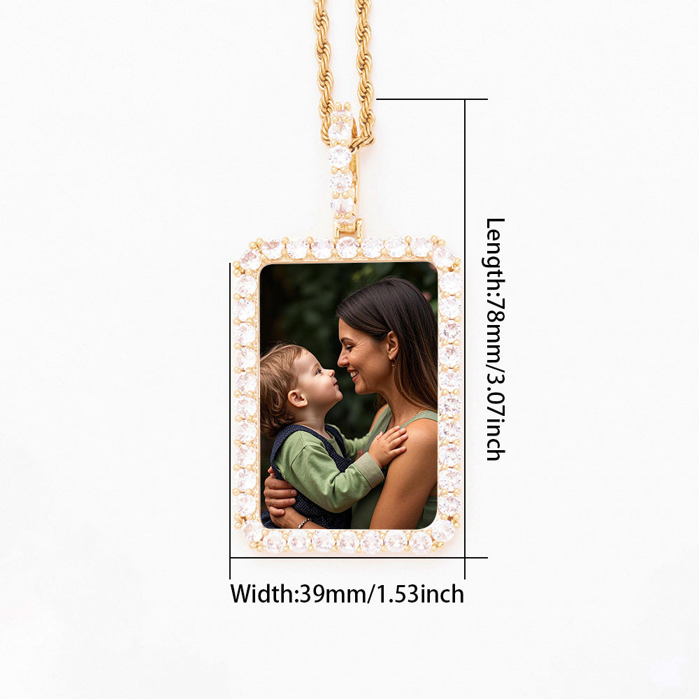 Size & Length Specification Chart Brass Cubic Zirconia Rectangular Custom Photo Dog Tag Pendant Dimension Parameter Reference Diagram