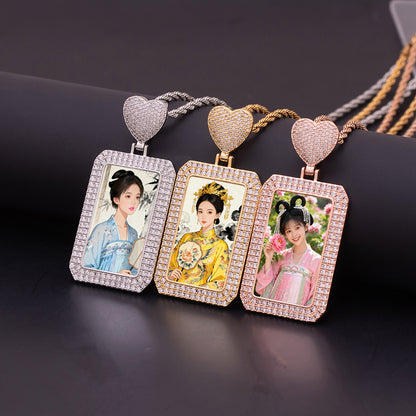 Three-tone zirconia rectangular dog tag custom photo necklace, heart bail personalized portrait pendant silver gold rose gold unisex jewelry