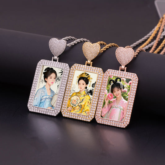 Three-tone zirconia rectangular dog tag custom photo necklace, heart bail personalized portrait pendant silver gold rose gold unisex jewelry