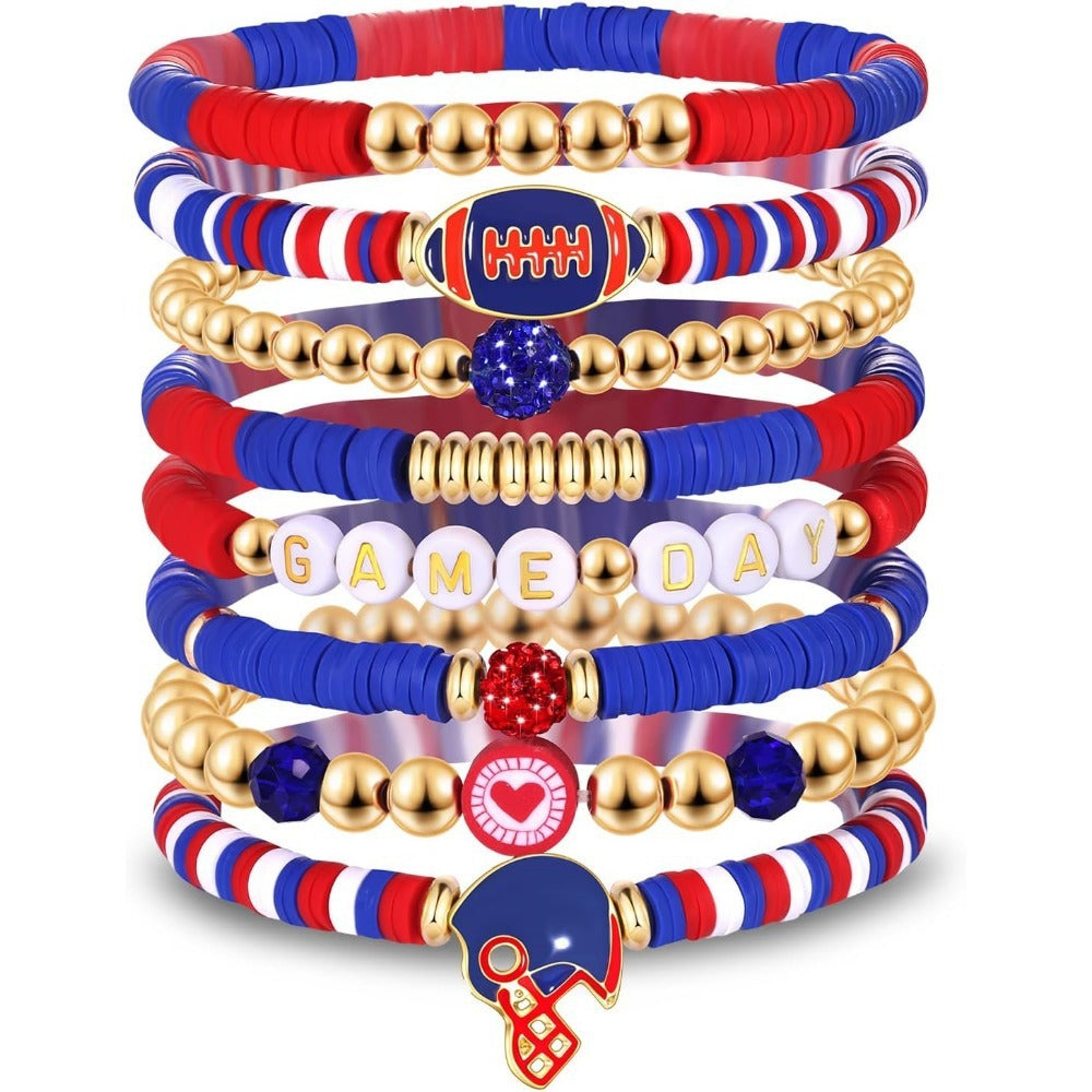 Red Blue Game Day Stackable Beaded Bracelet Set, 8 Pieces Football Gameday Jewelry