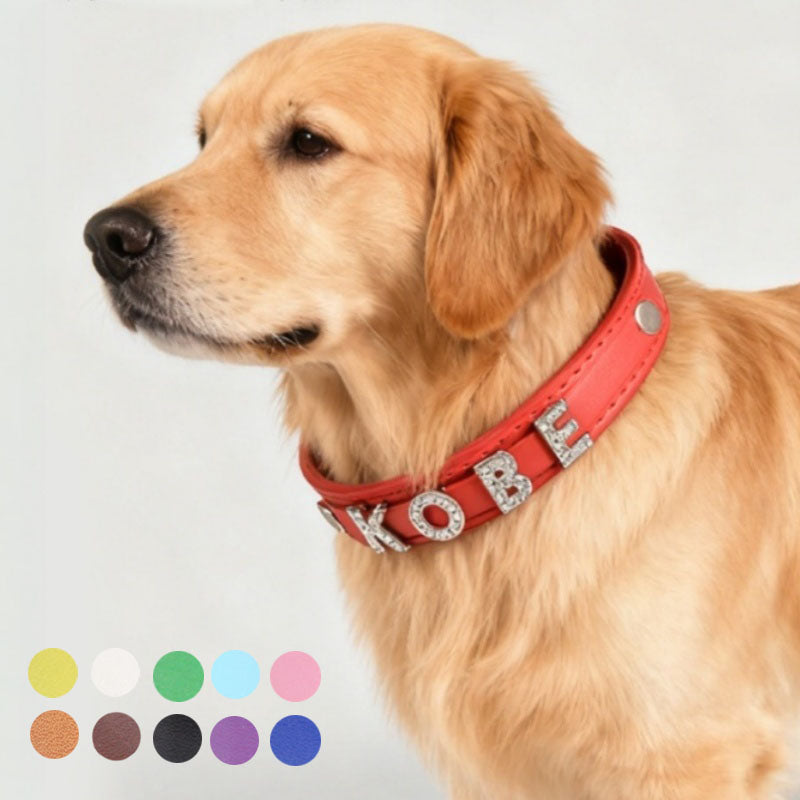 Personalized rhinestone letter leather dog collar stack green red tan brown custom pet name bling puppy collar