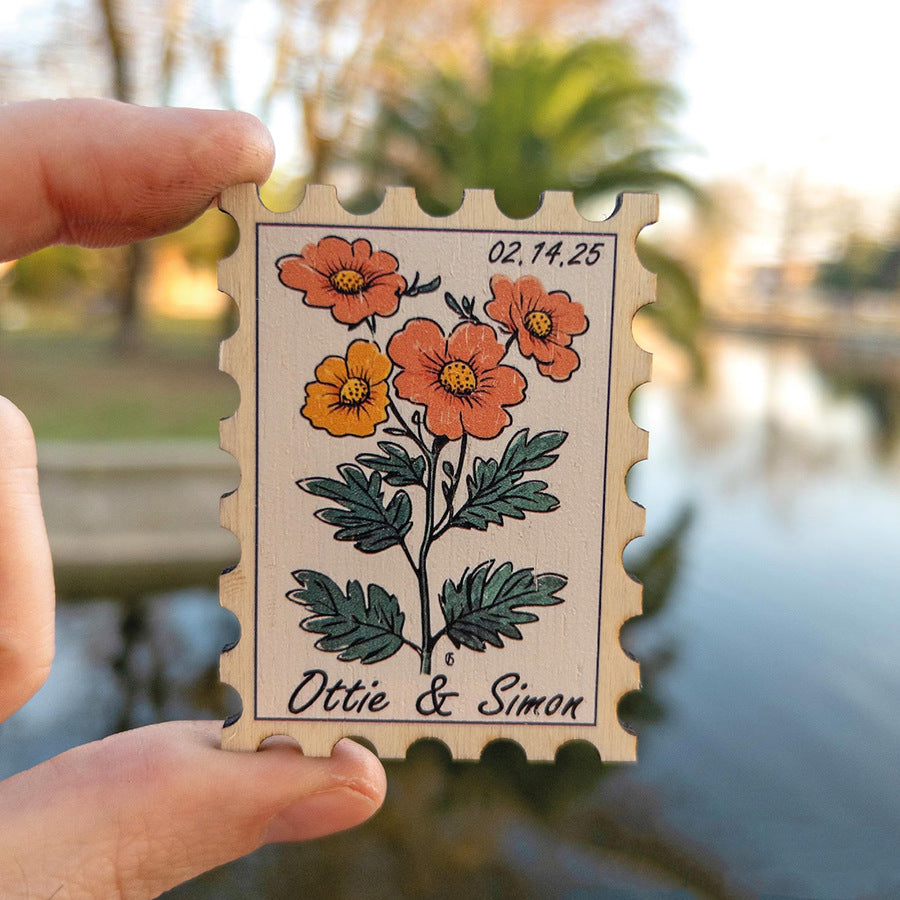 Red poppy vintage stamp wooden fridge magnet personalized wedding favor