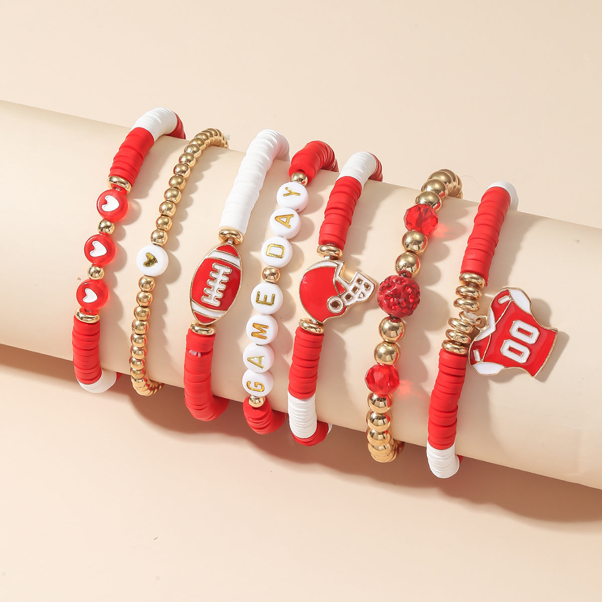 Red White Game Day Beaded Bracelet Stack on Wrist, Tailgate Party Accessory