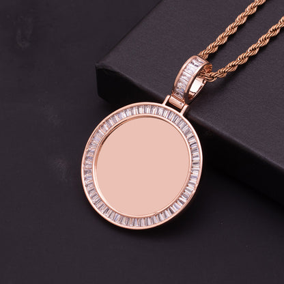 Rose Gold Brass Baguette Stone Border Circular Custom Photo Pendant Grief Healing Pet Loss & Family Memorial Keepsake Jewelry for Her Him