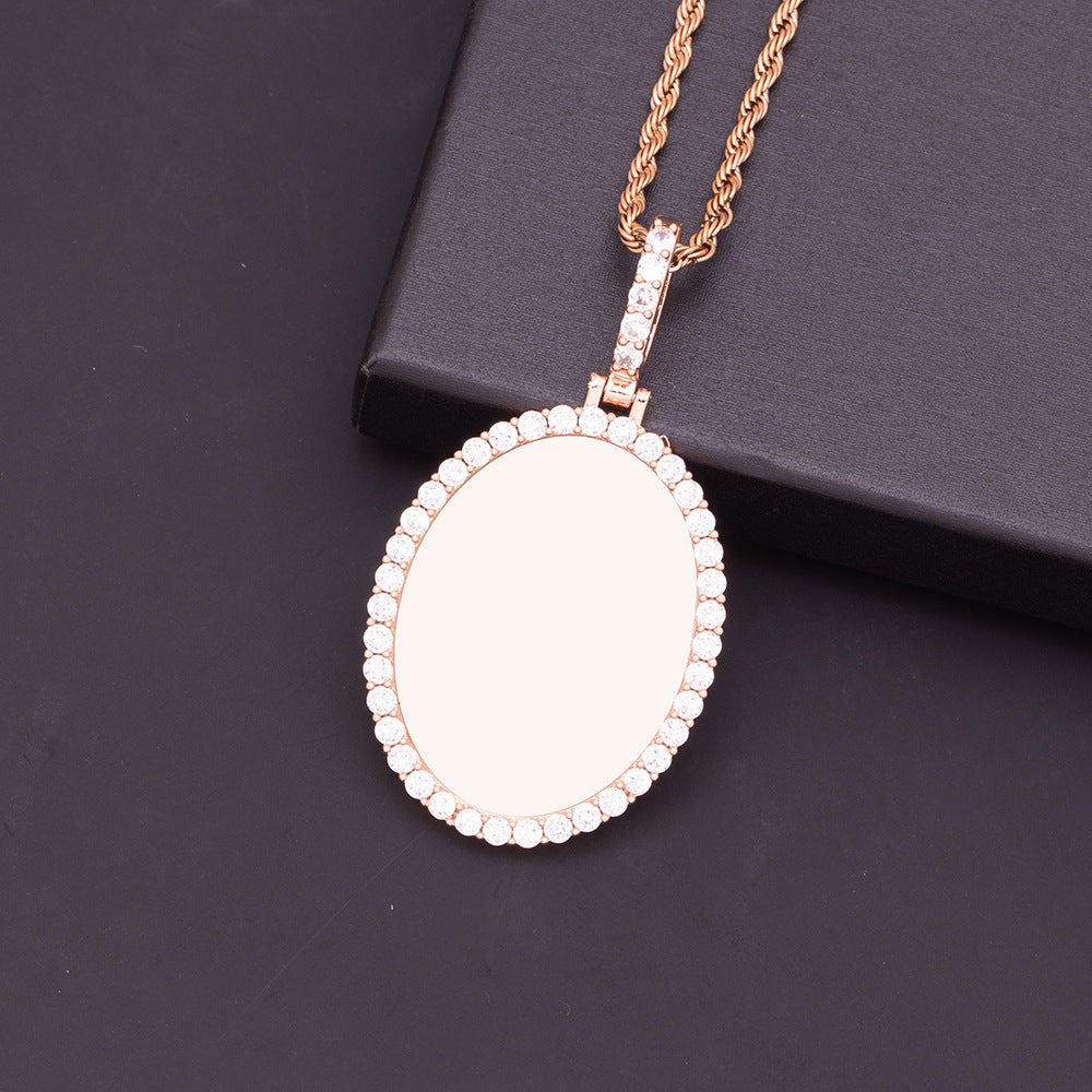 Rose Gold Brass Sparkling CZ Halo Oval Blank Photo Pendant Customizable Portrait Compartment Feminine Casual Jewelry