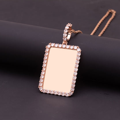 Rose Gold Polished Brass Rectangular Blank Photo Plaque Surrounded by Sparkling Cubic Zirconia Stones Casual Daily Wear Keepsake Necklace