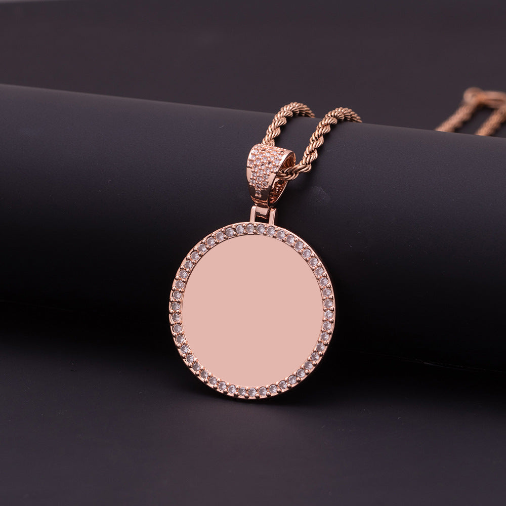Rose Gold Polished Brass Round Blank Photo Pendant Surrounded by Sparkling Cubic Zirconia Stones Casual Wear Sentimental Necklace