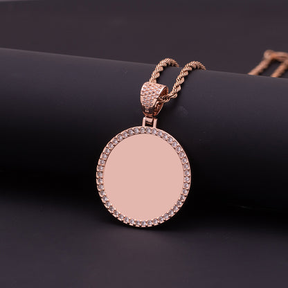 Rose Gold Polished Brass Round Blank Photo Pendant Surrounded by Sparkling Cubic Zirconia Stones Casual Wear Sentimental Necklace