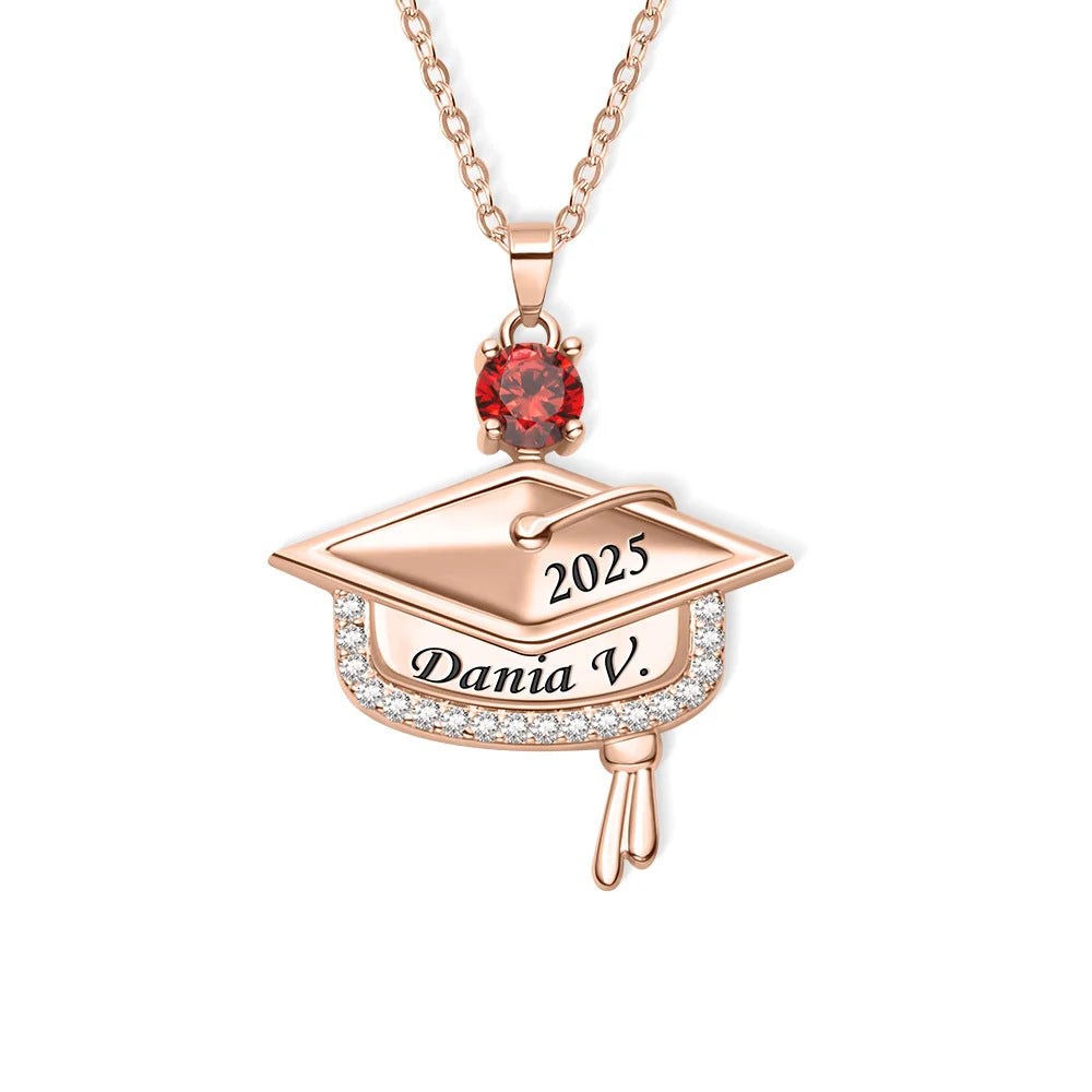 Rose gold plated brass graduation cap necklace with red birthstone zircon and customized engraved text