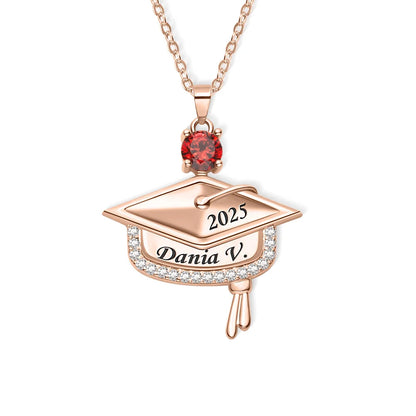 Rose gold plated brass graduation cap necklace with red birthstone zircon and customized engraved text