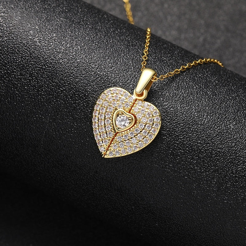 Rose Gold Brass Cubic Zirconia Inlaid Guardian Angel Wing Heart Locket Necklace Women Daily Wear Sentimental Jewelry