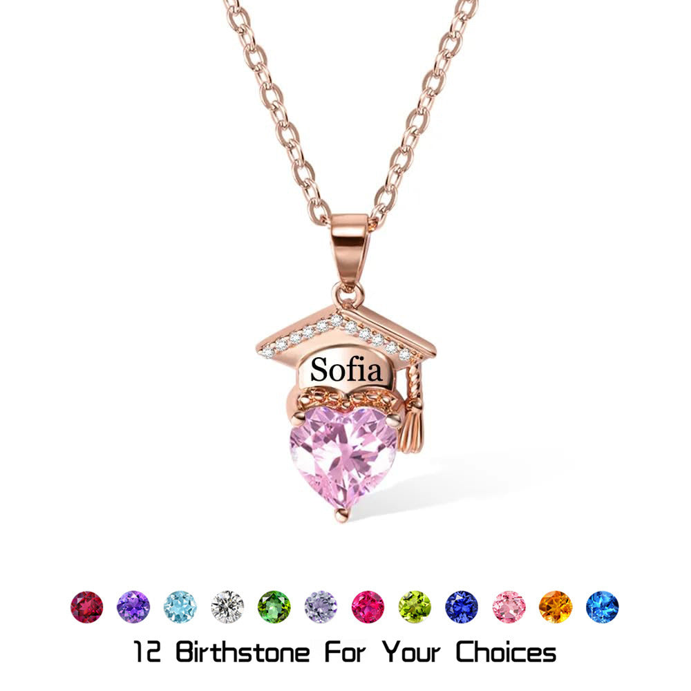 Rose gold brass graduation cap pendant with pink heart zircon and 12 birthstone color options