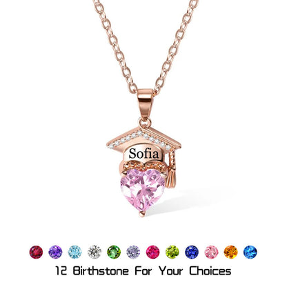 Rose gold brass graduation cap pendant with pink heart zircon and 12 birthstone color options