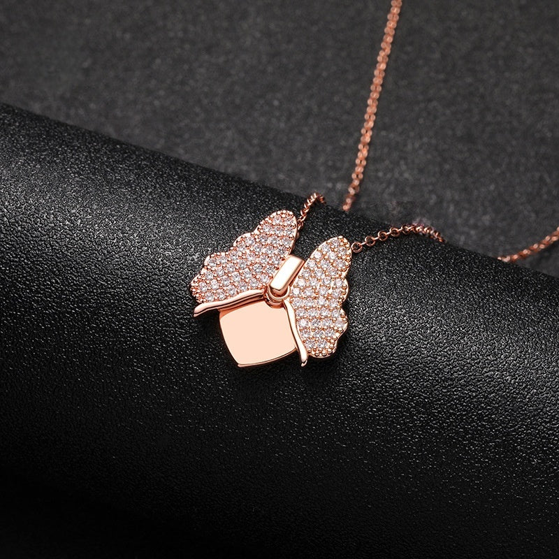 Rose Gold Brass Paved Cubic Zirconia Butterfly Locket Necklace Hollow Engravable Pendant Sentimental Gift for Her
