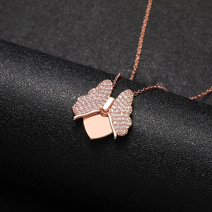Rose Gold Brass Paved Cubic Zirconia Butterfly Locket Necklace Hollow Engravable Pendant Sentimental Gift for Her