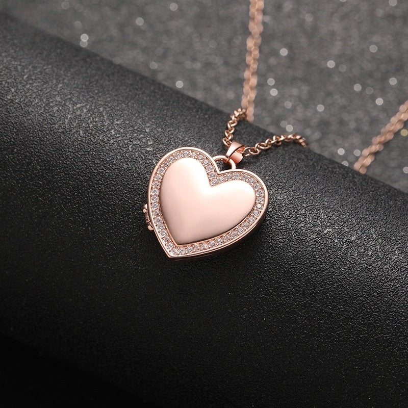 Rose Gold Brass Polished Heart Locket With Cubic Zirconia Edging Inner Photo Compartment Bereavement Remembrance Necklace for Her