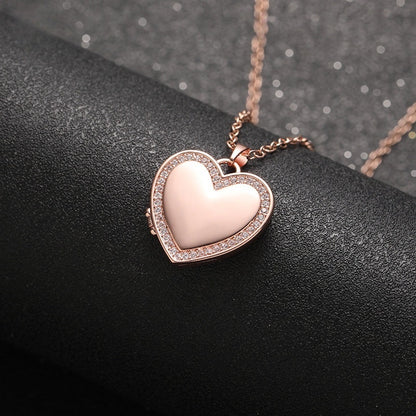 Rose Gold Brass Polished Heart Locket With Cubic Zirconia Edging Inner Photo Compartment Bereavement Remembrance Necklace for Her