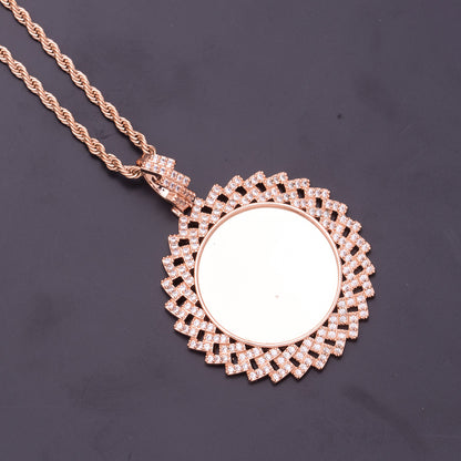 Blank Back Rose Gold Plated Geometric Cubic Zirconia Custom Photo Medallion Empty Frame Pendant For Custom Portrait Print