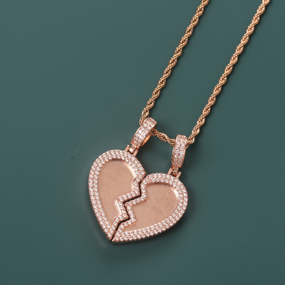 Empty rose gold zircon split heart matching pendant, customizable photo locket for couple & friendship gifts