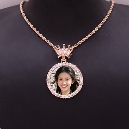 Rose Gold Iced Crown Personalized Photo Necklace On Neck Women Portrait Custom Memory Jewelry Daily Wear