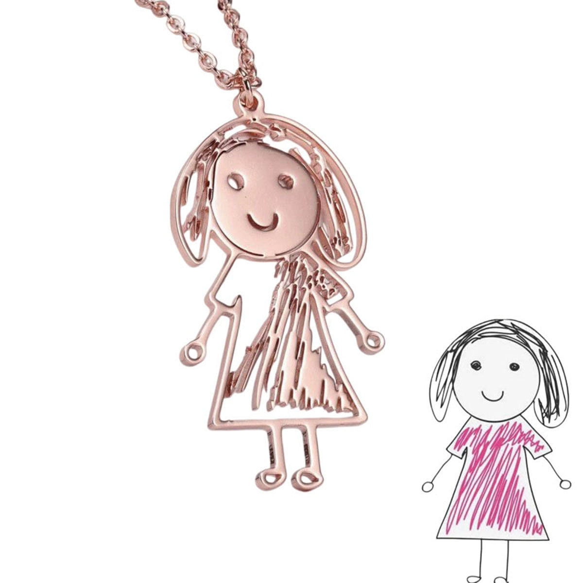 Rose Gold Custom Little Girl Kid Sketch Outline Necklace Personalized Child Art Hollow Metal Sentimental Mom Jewelry