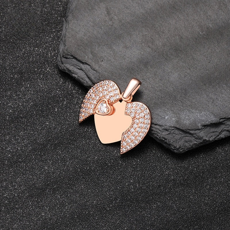 Opened Rose Gold Brass Angel Wing Heart Locket Blank Engraving Plate Memorial Keepsake Pendant for Women