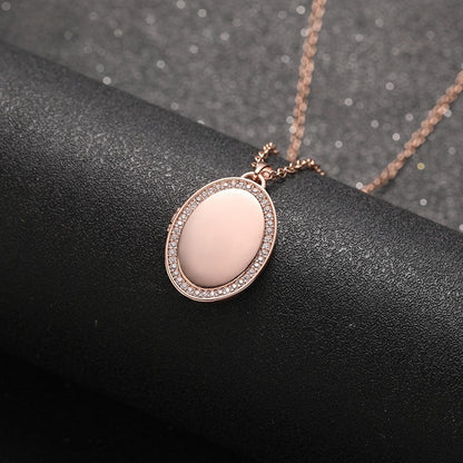 Rose Gold Brass Sparkling CZ Trim Oval Photo Locket Necklace Pet Loss Sympathy Keepsake Wearable Jewelry