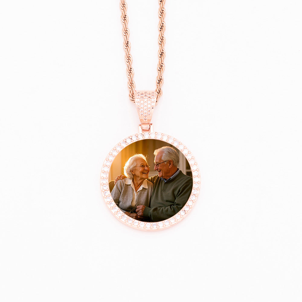 Rose Gold Brass Bezel CZ Rim Round Custom Printed Photo Pendant Necklace Twisted Rope Chain Sentimental Jewelry for Women Men