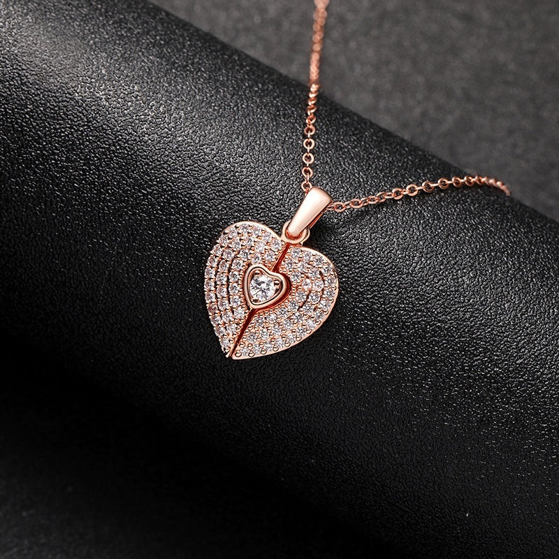 Rose Gold Brass Shiny Cubic Zirconia Split Heart Locket Angel Wing Necklace Personalized Bereavement Keepsake Jewelry
