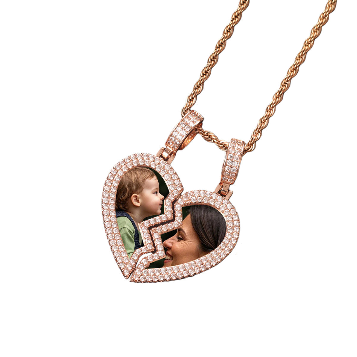 Rose gold interlocking broken heart photo pendant, custom mom and baby portrait matching necklace with zircon frame