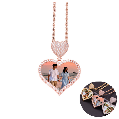 Rose Gold Brass Layered Double Heart Pendant With CZ Border Custom Couple Photo Print Twisted Rope Chain Sentimental Necklace
