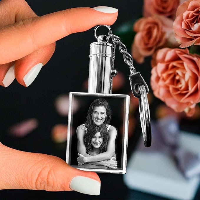 Sentimental Memorial Crystal Cube Urn Keychain With Custom Portrait Sympathy Gift
